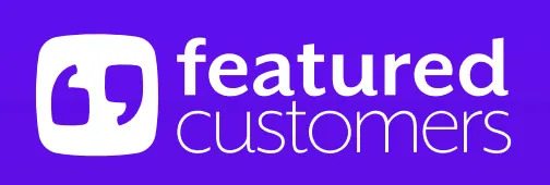 Logo of Featured Customers with a white rounded square containing stylized quotation marks on a purple background.