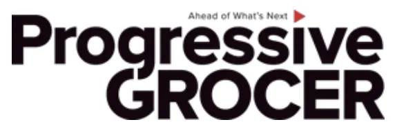 Logo for Progressive Grocer with the tagline 'Ahead of What's Next' and a small red triangle pointing right.