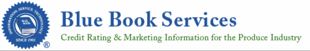 Blue Book Services logo with a blue seal on the left containing a book and the text 'Information, Service, Technology Since 1901,' followed by blue text 'Blue Book Services' and green text 'Credit Rating & Marketing Information for the Produce Industry.'