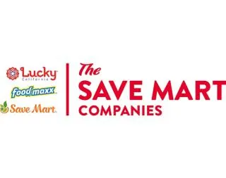 Logos of grocery brands Lucky California, Food Maxx, and Save Mart on the left, separated by a vertical line from the bold red text on the right reading 'The SAVE MART COMPANIES'.