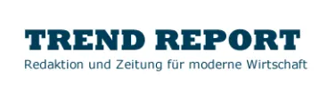 Text logo reading 'TREND REPORT' in bold blue capital letters with subtitle 'Redaktion und Zeitung für moderne Wirtschaft' in smaller font below.
