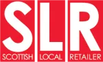 Logo with large bold white letters S, L, and R on a red square background with the words Scottish, Local, Retailer underneath each letter respectively.