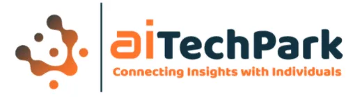 aiTechPark logo with an orange and dark blue stylized molecule graphic on the left and the text "aiTechPark Connecting Insights with Individuals" on the right.