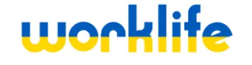The word 'worklife' written in lowercase letters with the top half of the text in blue and the bottom half in yellow.