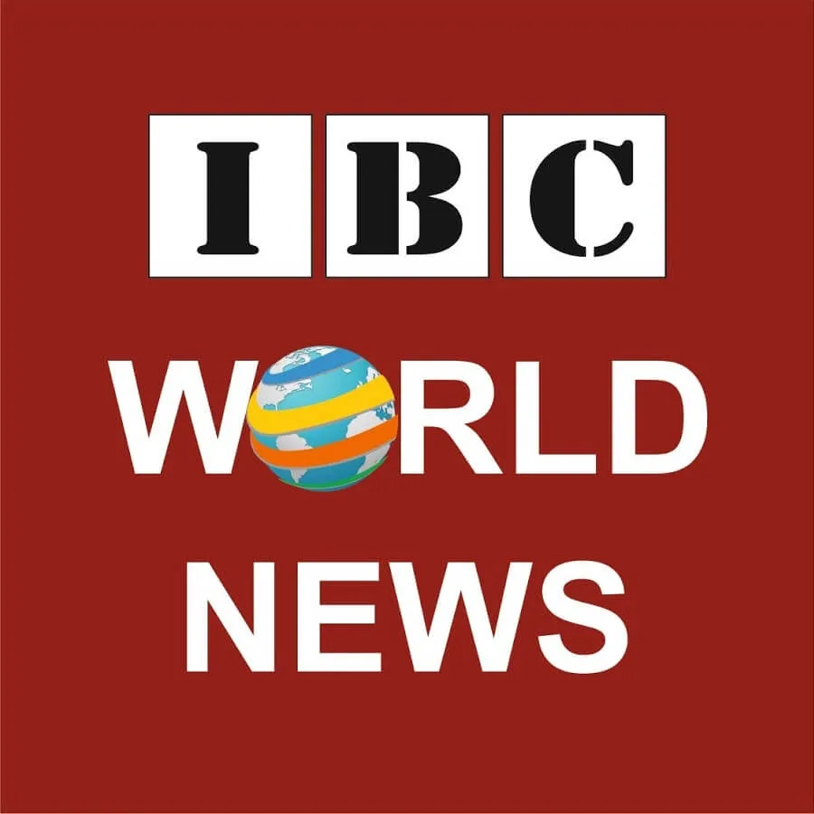 Red background with the text IBC in black letters inside white squares at the top, below it the words WORLD NEWS in white capital letters with the letter O replaced by a globe wrapped with orange and yellow stripes.