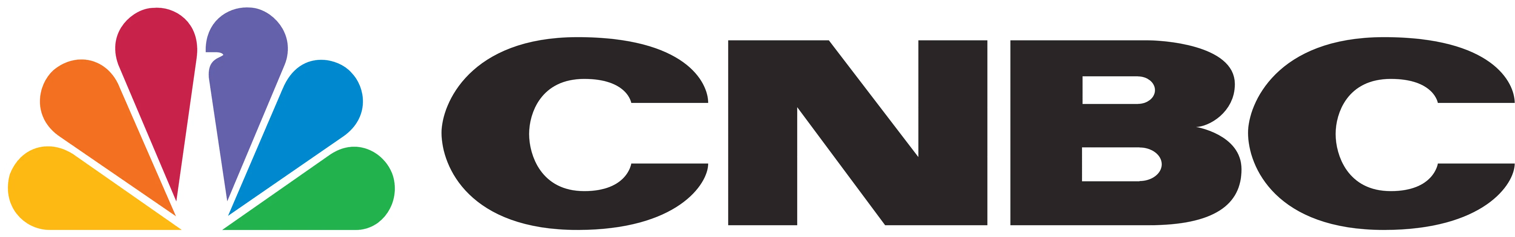 CNBC logo with multicolored peacock emblem to the left and bold black letters CNBC to the right.
