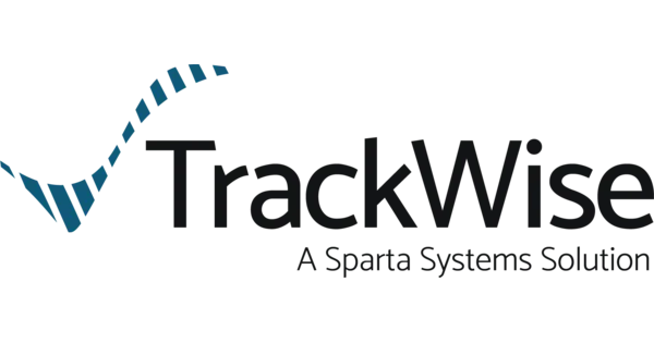 TrackWise logo with a blue stylized wave symbol to the left and the text 'TrackWise A Sparta Systems Solution' in black.