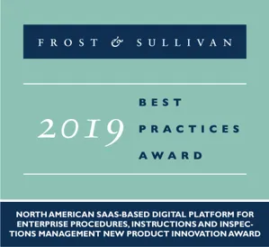 Frost & Sullivan logo above the text '2019 Best Practices Award' and a description stating North American SaaS-based digital platform for enterprise procedures, instructions, and operations management new product innovation award.