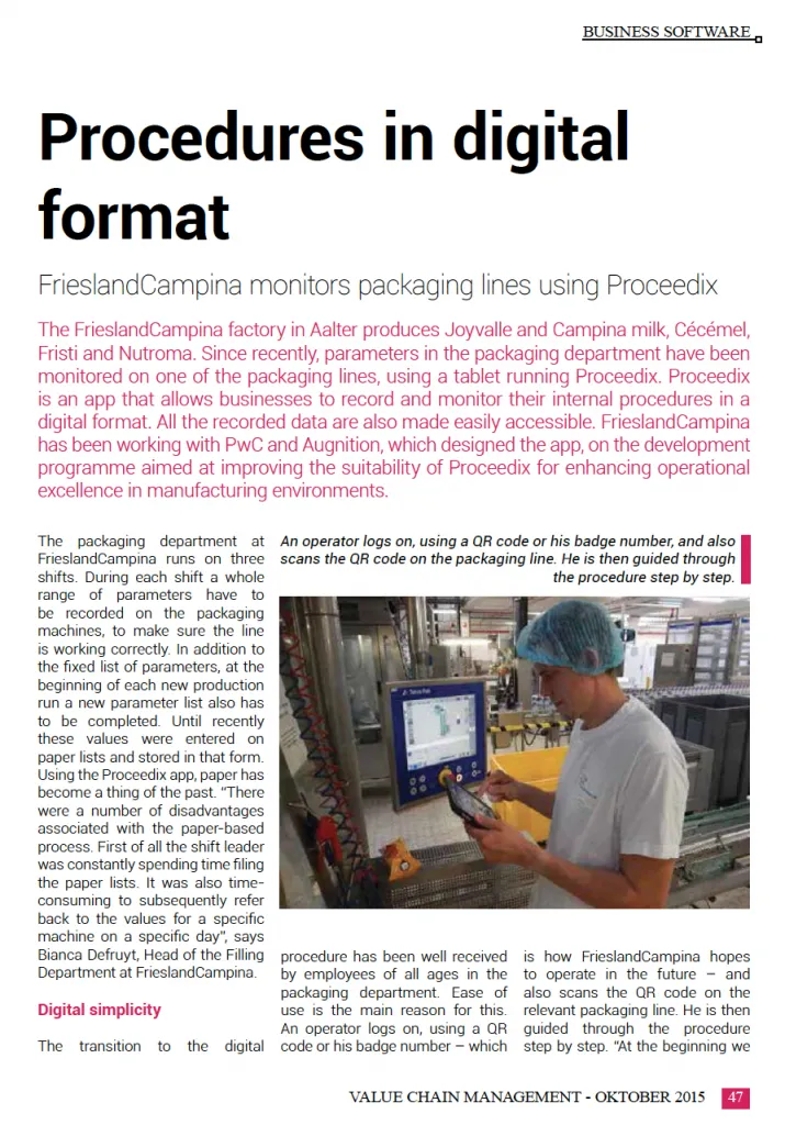 Magazine article titled 'Procedures in digital format' about FrieslandCampina monitoring packaging lines using the Proceedix app. Includes a photo of a factory worker in a blue hairnet and white shirt, holding a tablet and scanning a QR code on packaging machinery for digital procedure tracking.