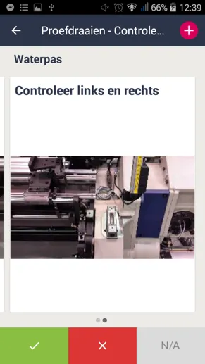Screenshot of a mobile app screen showing a control check for 'Waterpas' with an image of machinery parts and a level instrument for checking left and right alignment.