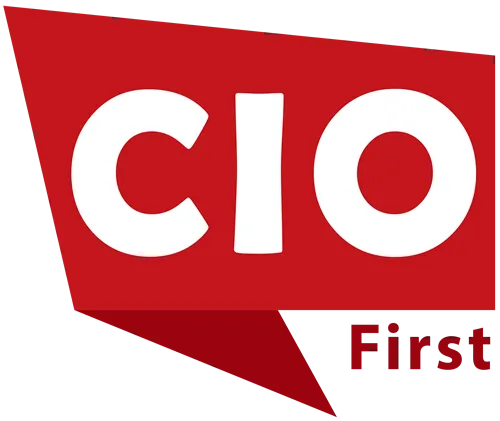 Red speech bubble with the white letters 'CIO' and the word 'First' in smaller red text below the bubble.