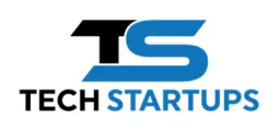 Logo with stylized letters 'TS' above the words 'TECH STARTUPS', with 'TECH' in black and 'STARTUPS' in blue.