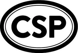 Black and white logo with the letters 'CSP' in bold inside a double oval border.