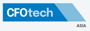 CFO tech Asia logo with white and blue text on a blue geometric background.