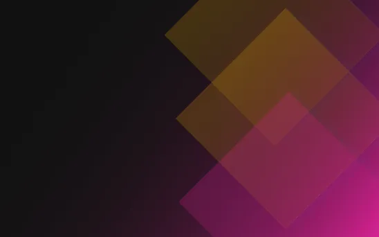 Abstract dark background with overlapping translucent squares in shades of brown, purple, and pink on the right side.