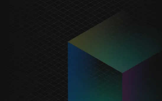 Dark background with faint grid lines and a large translucent cube in the lower right corner featuring gradient colors blending blue, green, and purple shades.