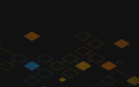 Abstract digital background with interconnected translucent squares in orange, blue, and yellow on a black backdrop.