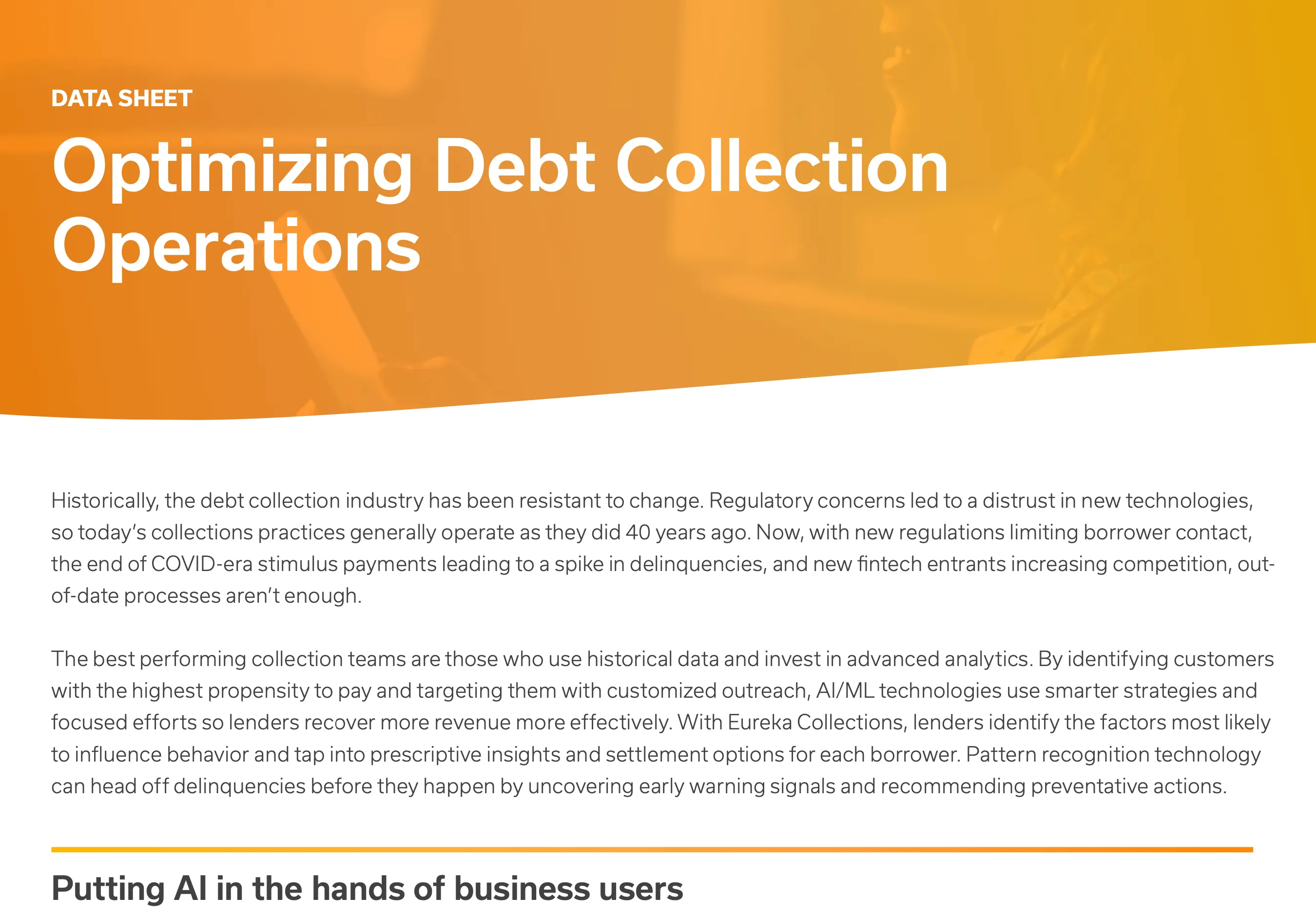 Data sheet titled 'Optimizing Debt Collection Operations' with introductory text about the debt collection industry's resistance to change, the impact of new regulations and fintech competition, and how advanced analytics and AI/ML technologies help lenders improve revenue recovery and prevent delinquencies by identifying customer behavior and providing prescriptive insights.