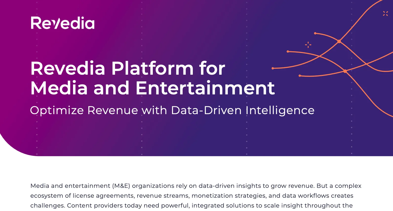 Revedia logo and headline stating 'Revedia Platform for Media and Entertainment' with a subheading 'Optimize Revenue with Data-Driven Intelligence' on a purple and blue gradient background with orange curved lines on the right side.