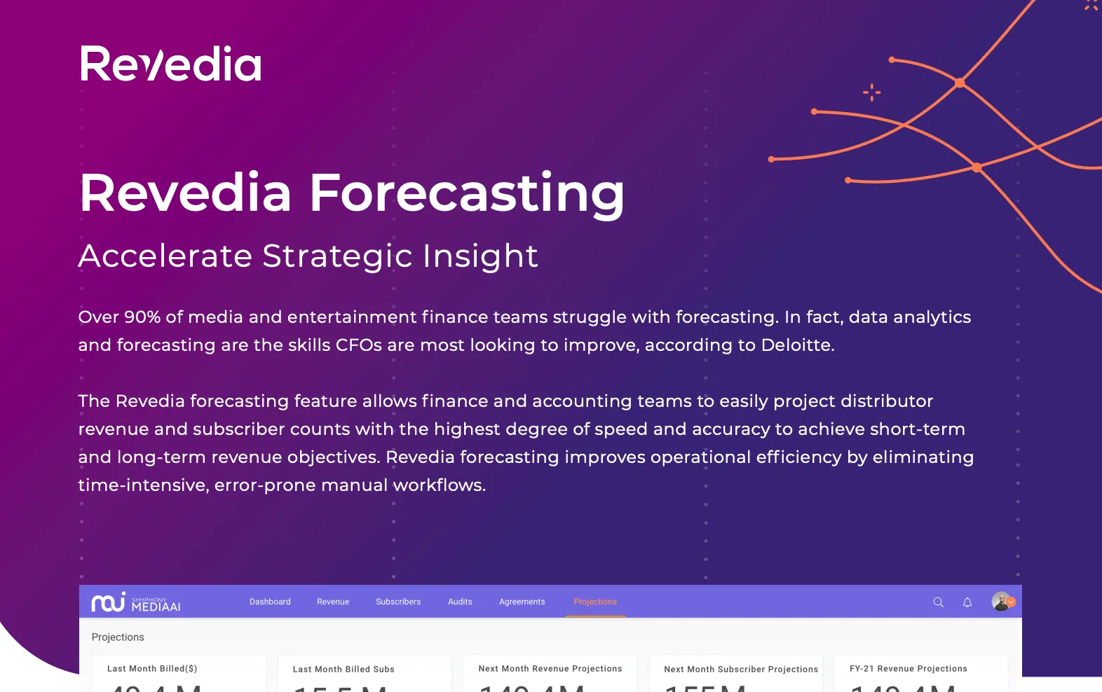 Revedia Forecasting overview with headline 'Accelerate Strategic Insight' on a purple gradient background, explaining how over 90% of media finance teams struggle with forecasting and how Revedia improves accuracy and efficiency by projecting distributor revenue and subscriber counts with speed and eliminating manual errors.