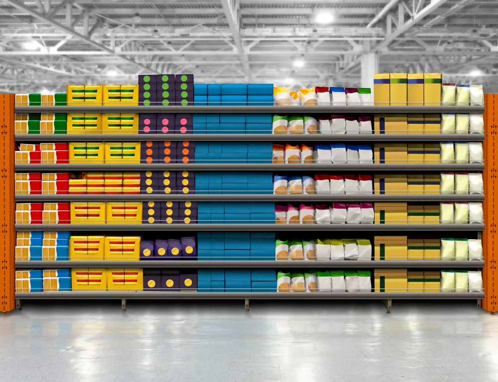 Supermarket shelf fully stocked with various boxed and bagged products arranged in neat rows by color and type under bright warehouse lighting.