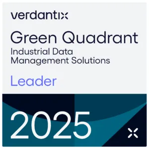 Verdantix Green Quadrant Industrial Data Management Solutions Leader 2025 badge with a blue and teal abstract design.