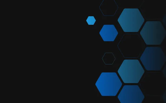 Dark background with a pattern of blue hexagons arranged mainly on the right side, some hexagons are solid blue and others are outlined.