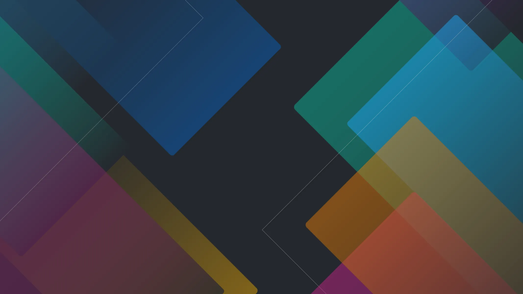 Abstract background with overlapping translucent rectangles in colors including blue, green, purple, gold, orange, and red on a dark backdrop.