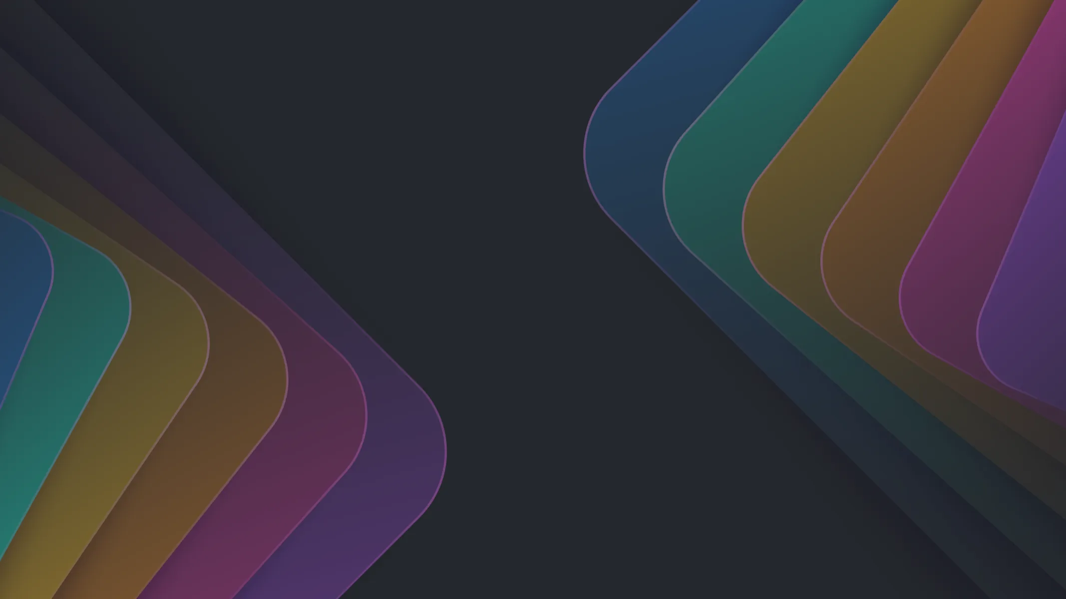 Abstract dark background with layered, rounded shapes in blue, green, yellow, brown, purple, and magenta colors on the left and right edges, converging toward the center.