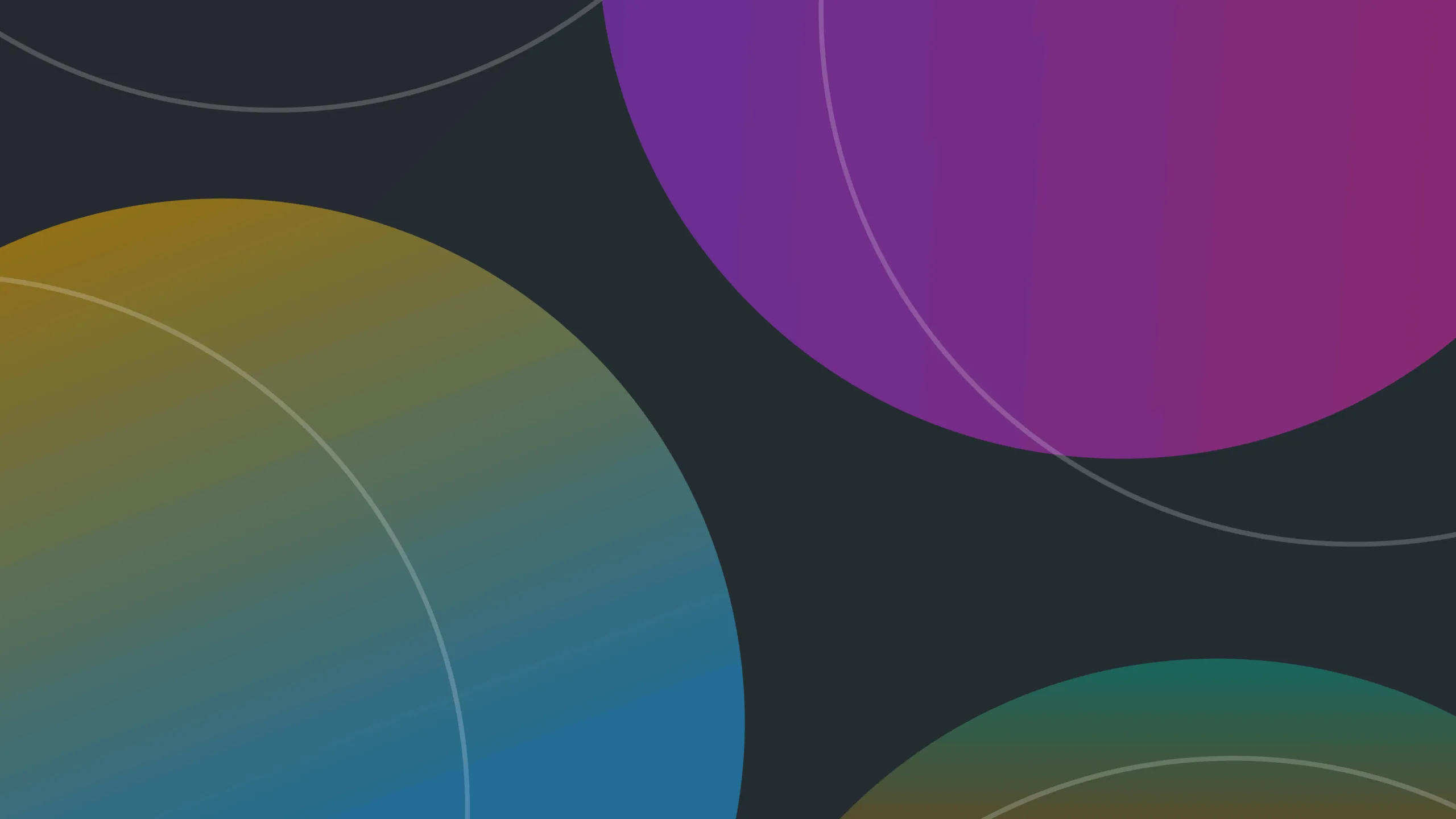Abstract design with large overlapping circles in gradients of purple, blue, green, and gold on a dark background with thin curved lines crossing.