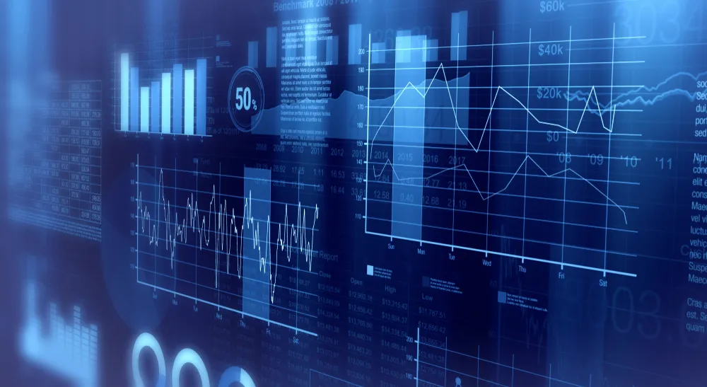 Blue-toned digital interface displaying various financial charts and graphs including bar charts, line graphs showing data trends over time, and numerical tables representing stock or market data.