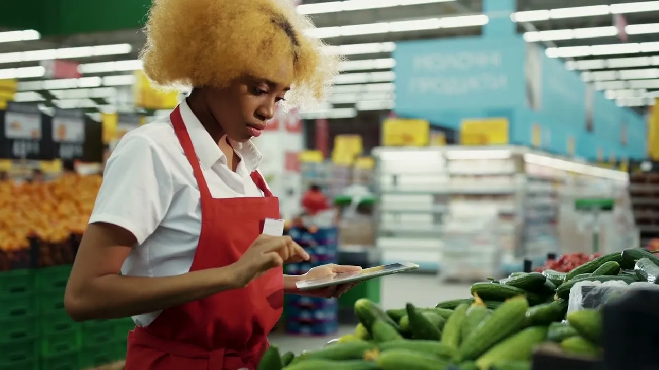 Store employee wearing a white shirt and red apron using a tablet near a display of cucumbers in a supermarket produce section.