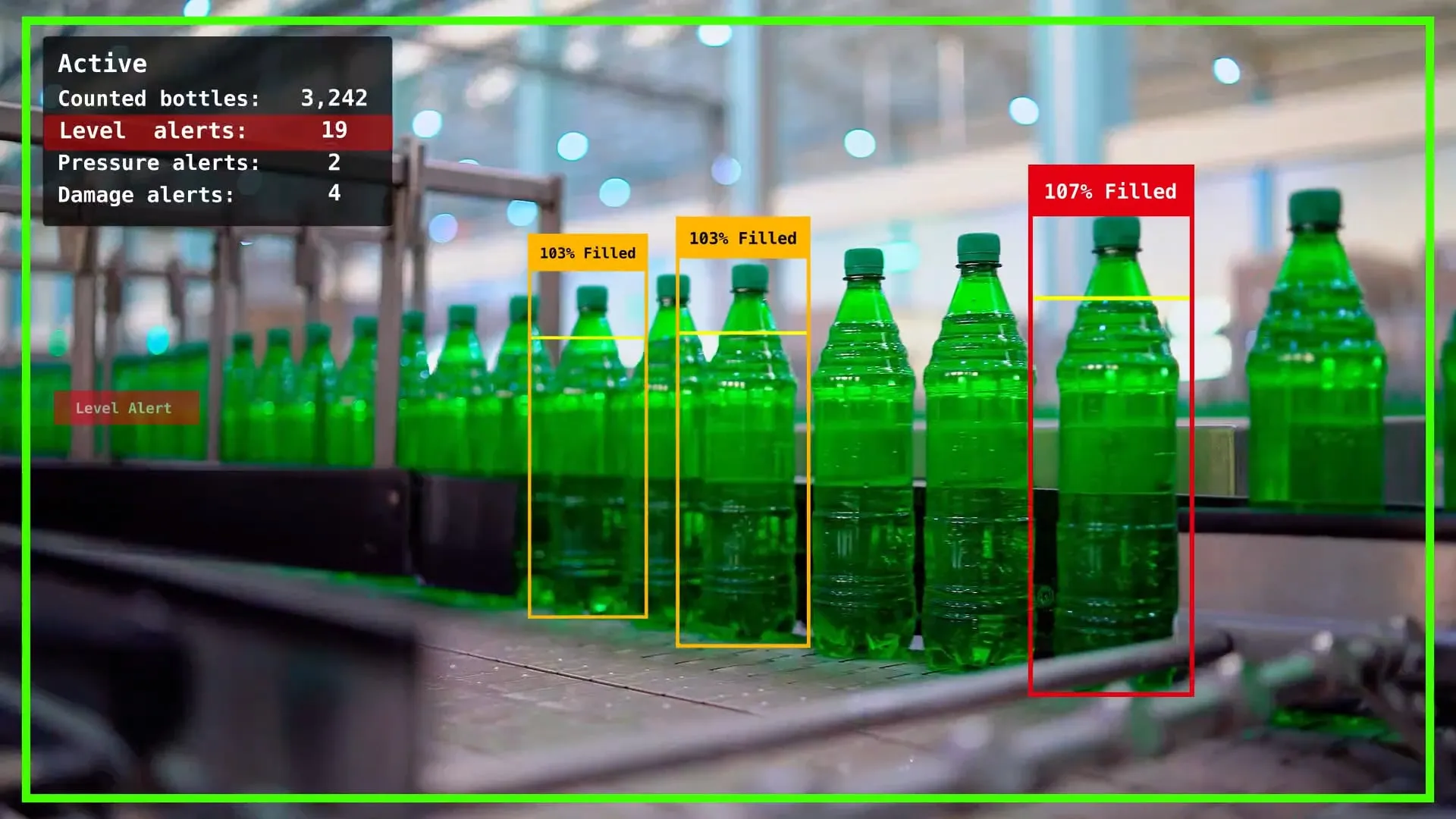 Bottling plant conveyor with green bottles being filled, some marked with orange and red boxes indicating overfill percentages of 103% and 107%, with a summary overlay showing active status, 3,242 counted bottles, 19 level alerts, 2 pressure alerts, and 4 damage alerts.