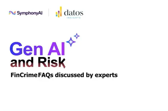 Logos of SymphonyAI and Datos Insights above the text 'Gen AI and Risk' with smaller text below reading 'FinCrime FAQs discussed by experts'.