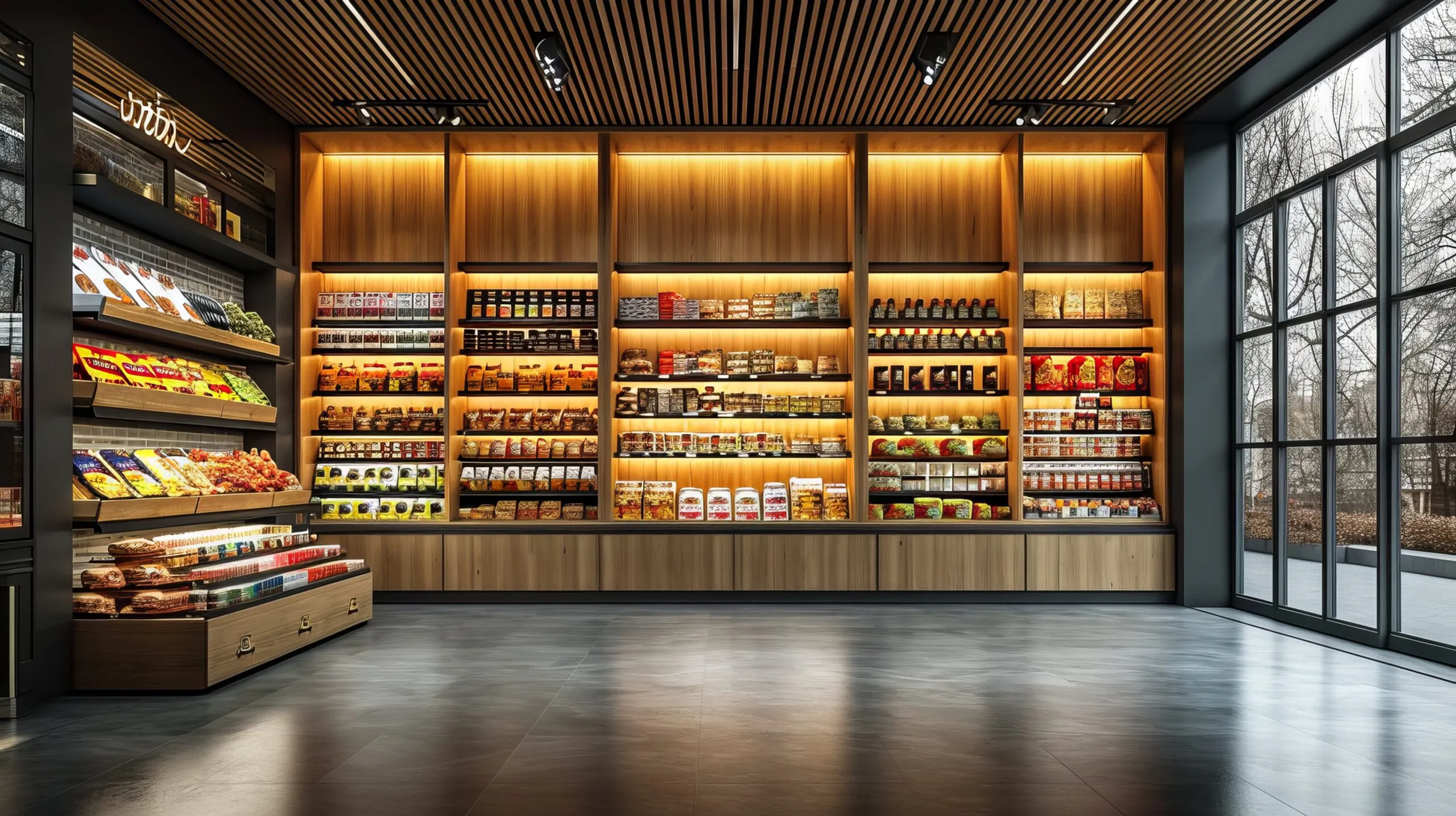 Interior of a modern store with wood-paneled shelves illuminated by warm lights, displaying a variety of packaged food products, and large floor-to-ceiling windows revealing bare trees outside.
