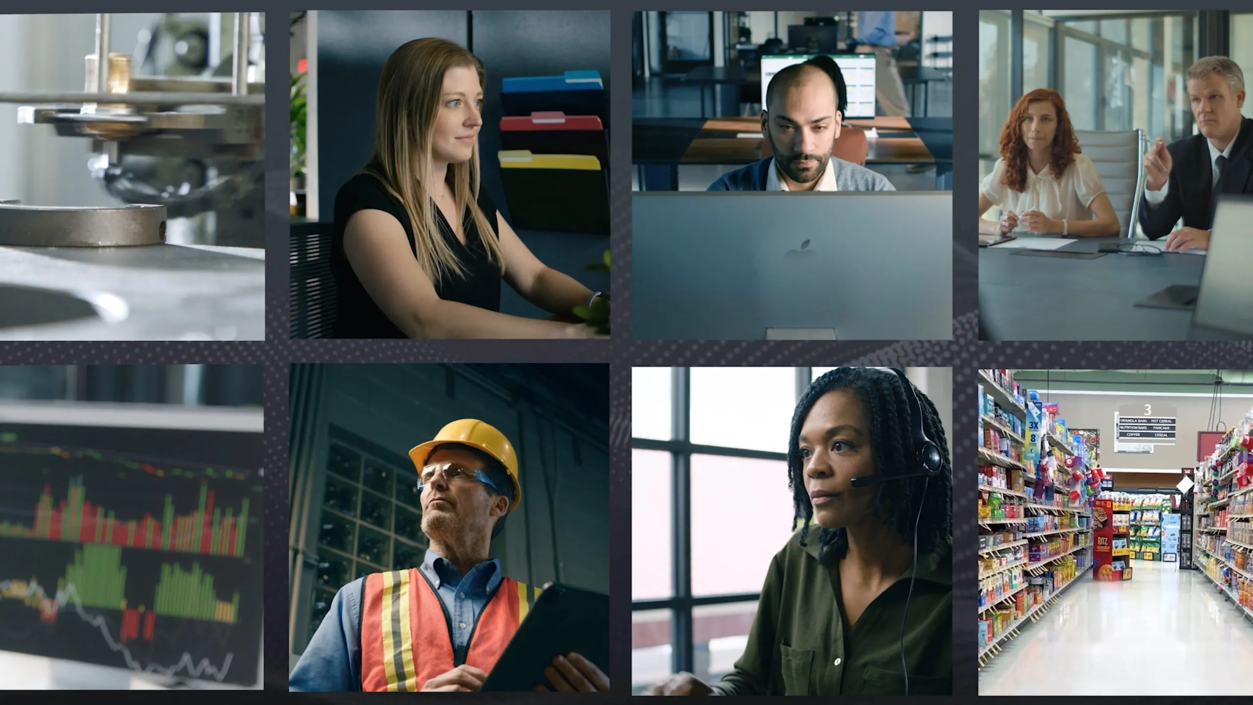 Collage of eight images showing various professional scenes: close-up of industrial machinery, woman working at a desk, man focused on a computer, two colleagues in a meeting, stock chart on a monitor, construction worker with a hard hat, woman with headset working, and aisle in a grocery store.