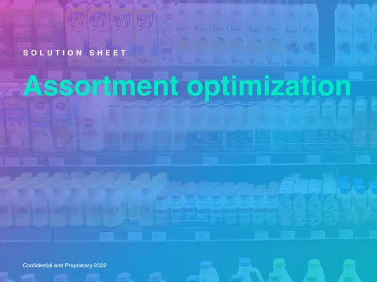 Store shelves filled with various dairy and beverage products including yogurt, milk, and drinks with overlaid text reading 'Solution Sheet Assortment optimization'.
