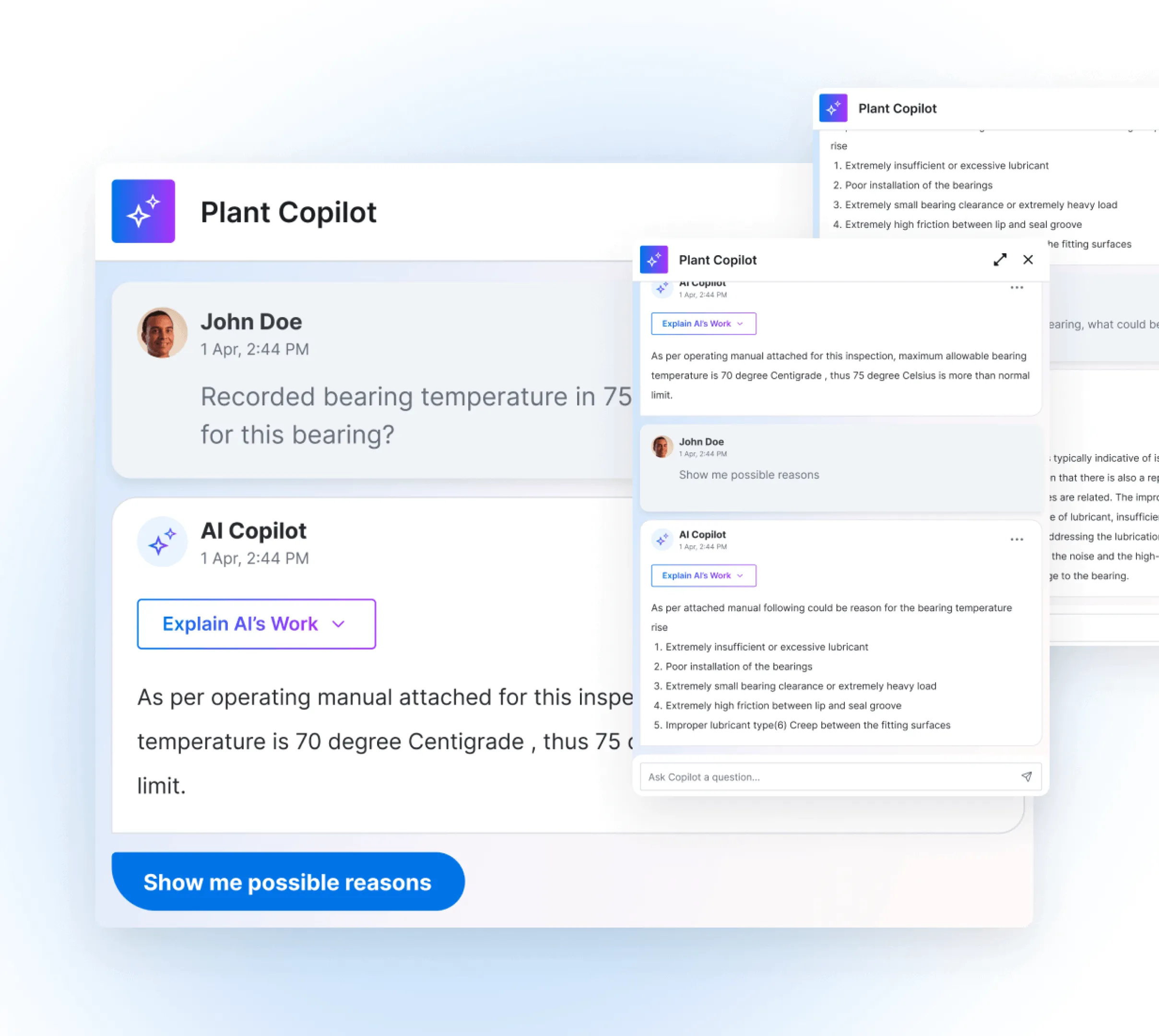 Screenshot of a Plant Copilot chat interface showing a conversation where John Doe asks about a recorded bearing temperature of 75 degrees Celsius, and AI Copilot responds that the maximum allowable bearing temperature is 70 degrees Centigrade according to the operating manual, indicating 75 degrees is above the limit. A button labeled 'Show me possible reasons' is visible, alongside a popup listing potential reasons for high bearing temperature like insufficient lubricant and poor installation.
