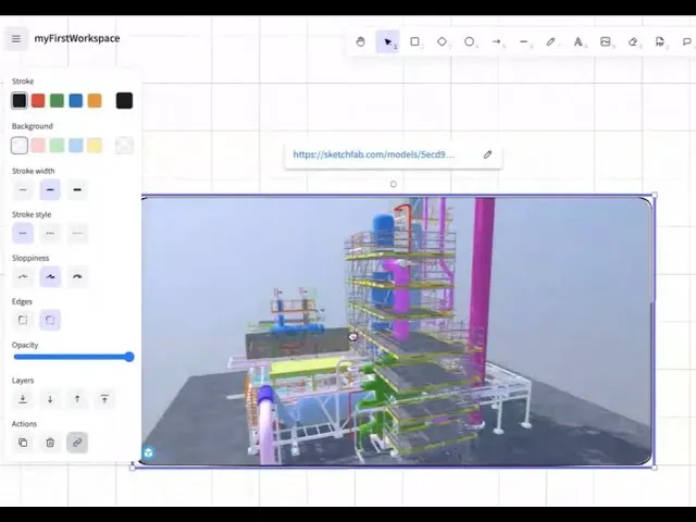 Digital workspace interface showing a complex 3D model of an industrial plant with multiple colored pipes, structural frames, and platforms on a gray base.