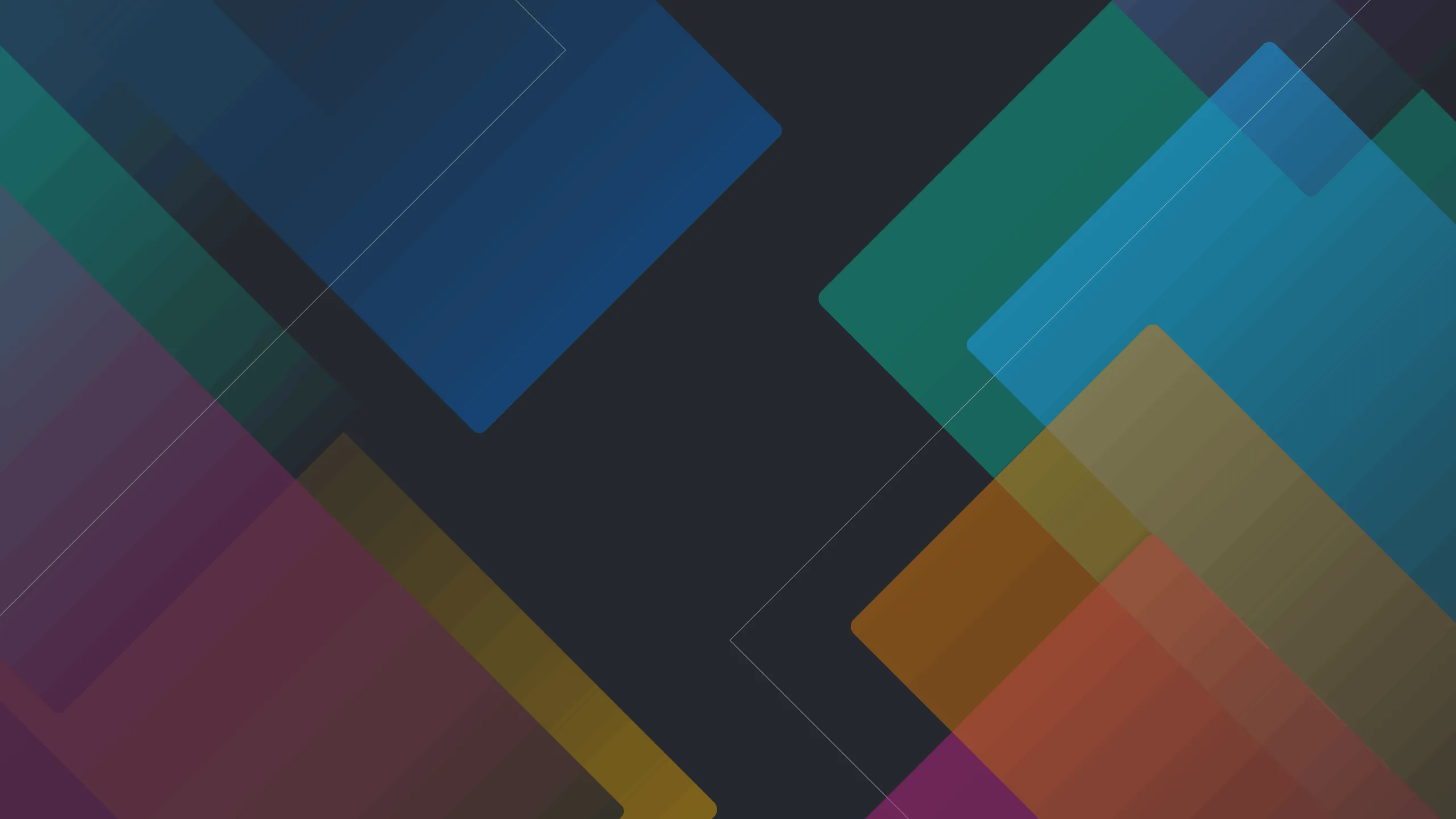 Abstract digital artwork featuring overlapping translucent squares and rectangles in blue, teal, purple, gold, and reddish tones on a dark background.