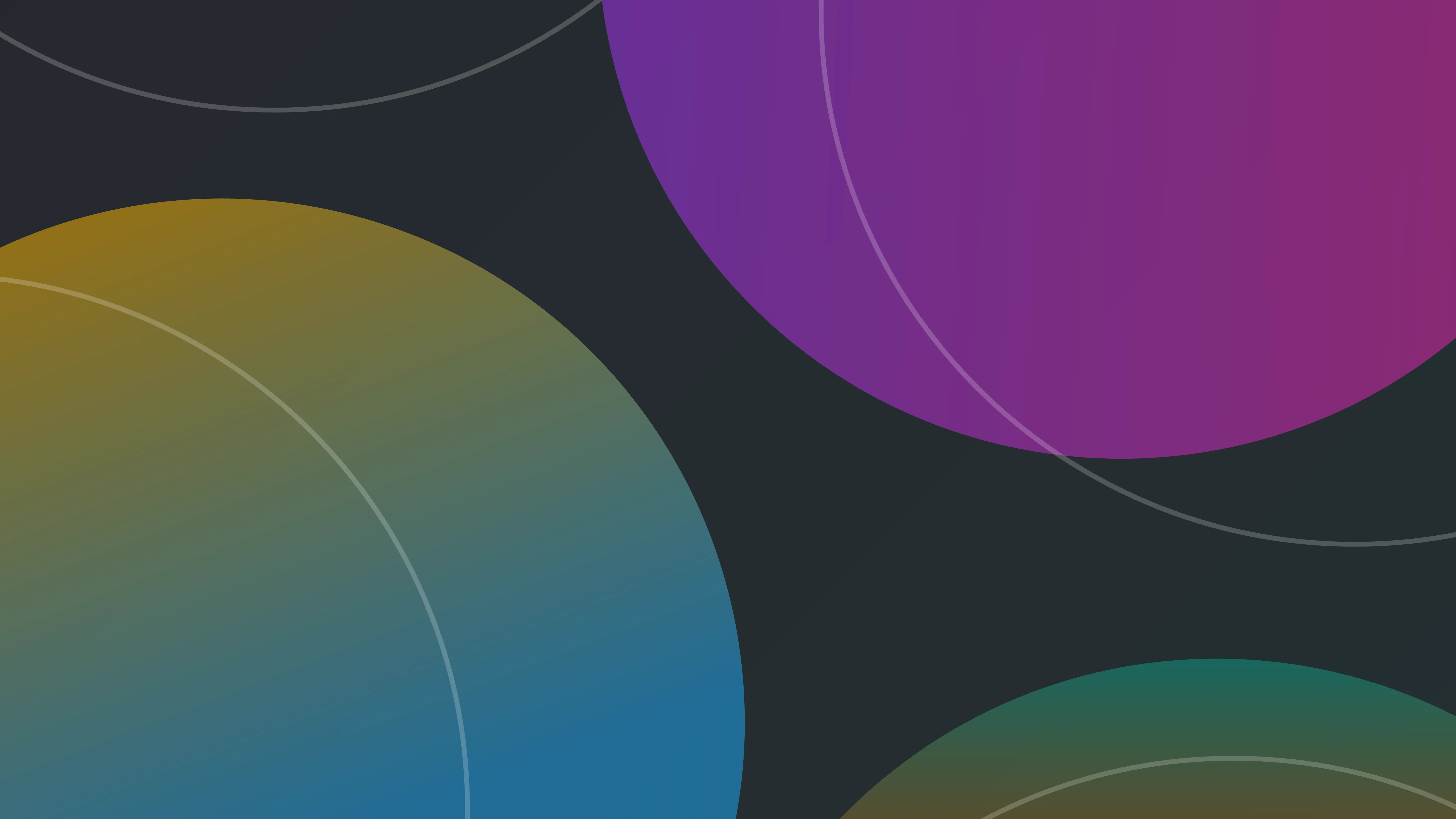 Abstract dark background with large overlapping circles in gradient colors of purple, blue, green, and brown, outlined with thin lines.