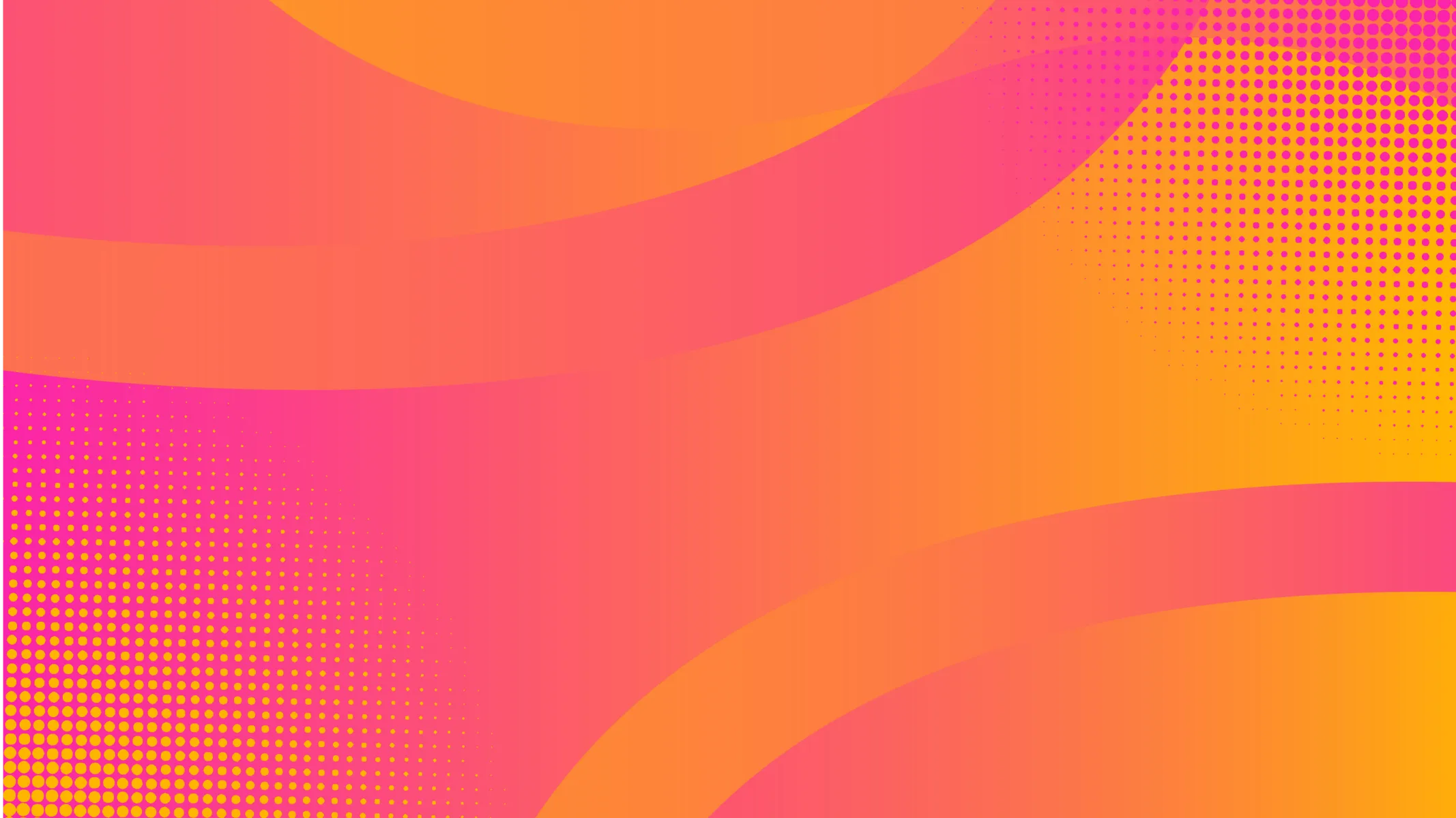 Orange and pink gradient background with abstract curved shapes and halftone dot patterns in yellow and pink.