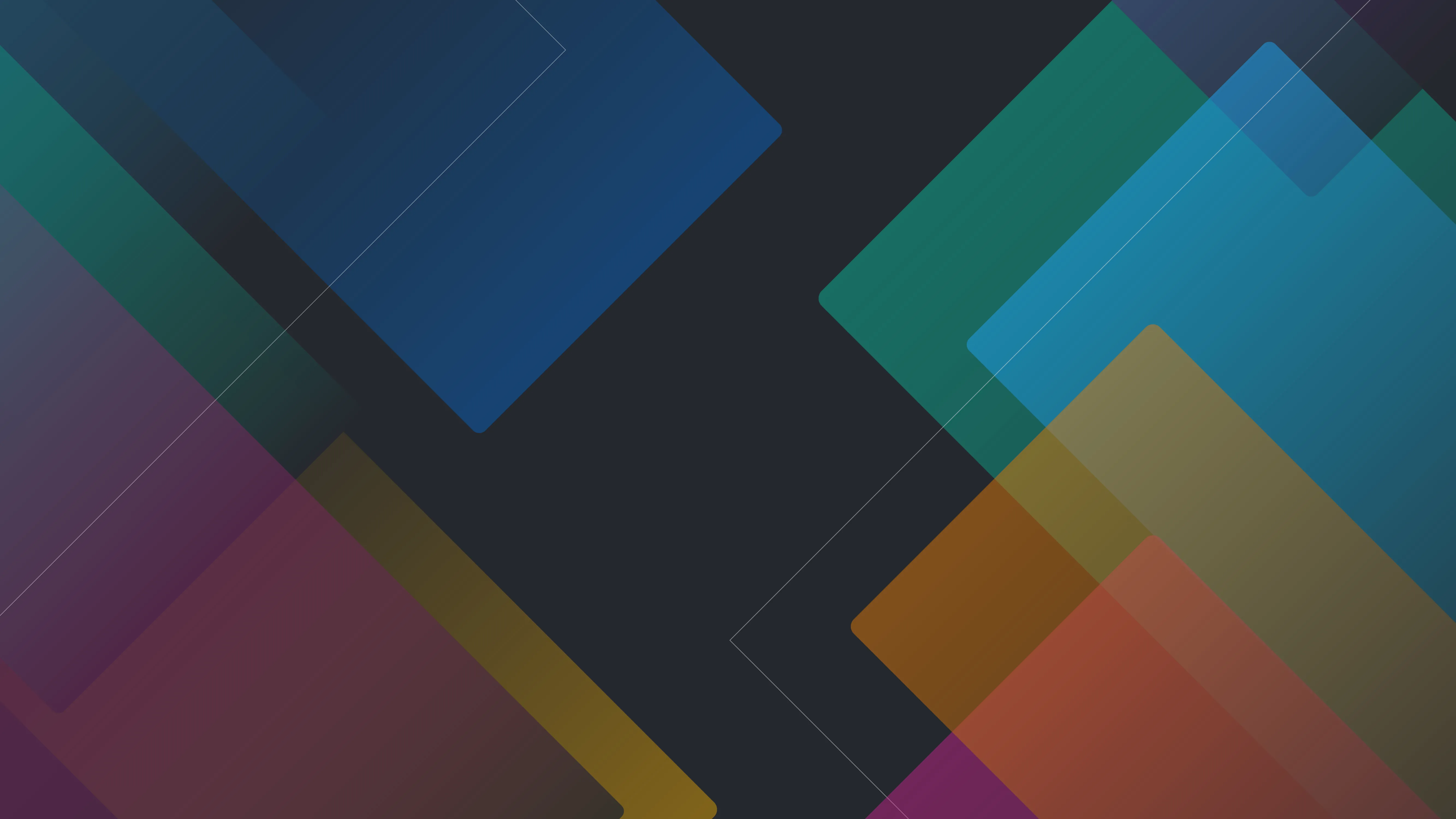 Abstract dark background with overlapping translucent rectangles in blue, green, purple, yellow, brown, and red hues.