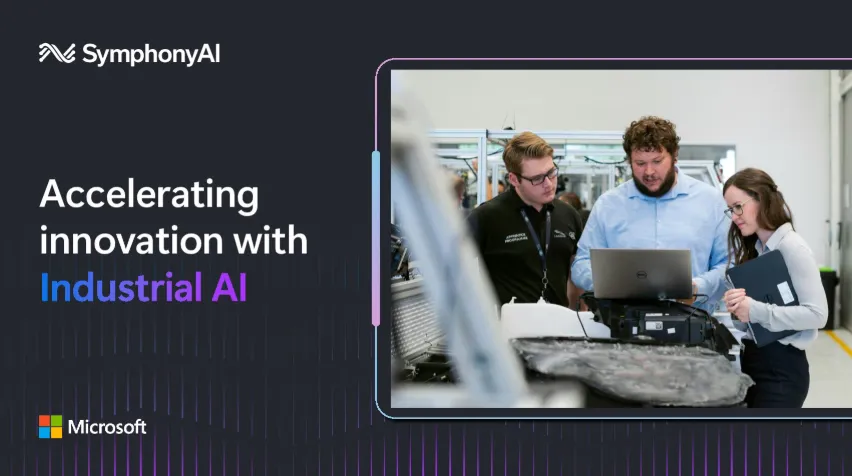 Three people in a workshop or lab setting look at a laptop computer on a workbench surrounded by equipment, with text on the left reading 'Accelerating innovation with Industrial AI' and logos for SymphonyAI and Microsoft.