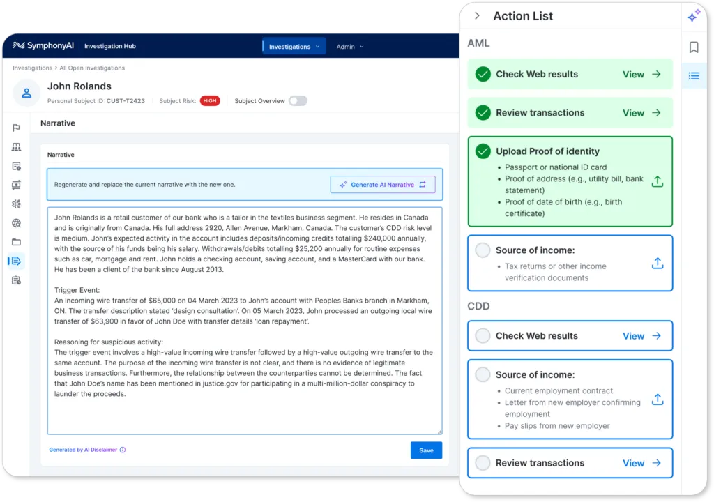 User interface of SymphonyAI Investigation Hub showing an investigation for John Rolands with a detailed narrative about his bank activity and suspicious wire transfers. On the right, the Action List panel shows AML tasks including checked items for Check Web results, Review transactions, and Upload Proof of identity with details like passport and utility bill; Source of income tasks remain unchecked. CDD tasks below include Check Web results, Source of income documents, and Review transactions with View links for each.