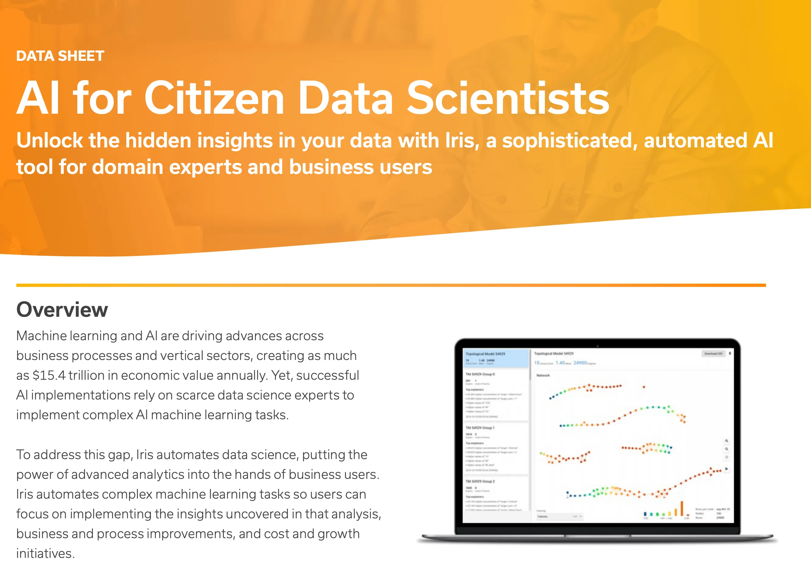 Data sheet titled 'AI for Citizen Data Scientists' with subtitle about Iris, an automated AI tool for domain experts and business users; includes an overview explaining how Iris automates complex machine learning tasks for business users to unlock insights and drive improvements; alongside a laptop screen showing colorful data visualization graphs and analytics.