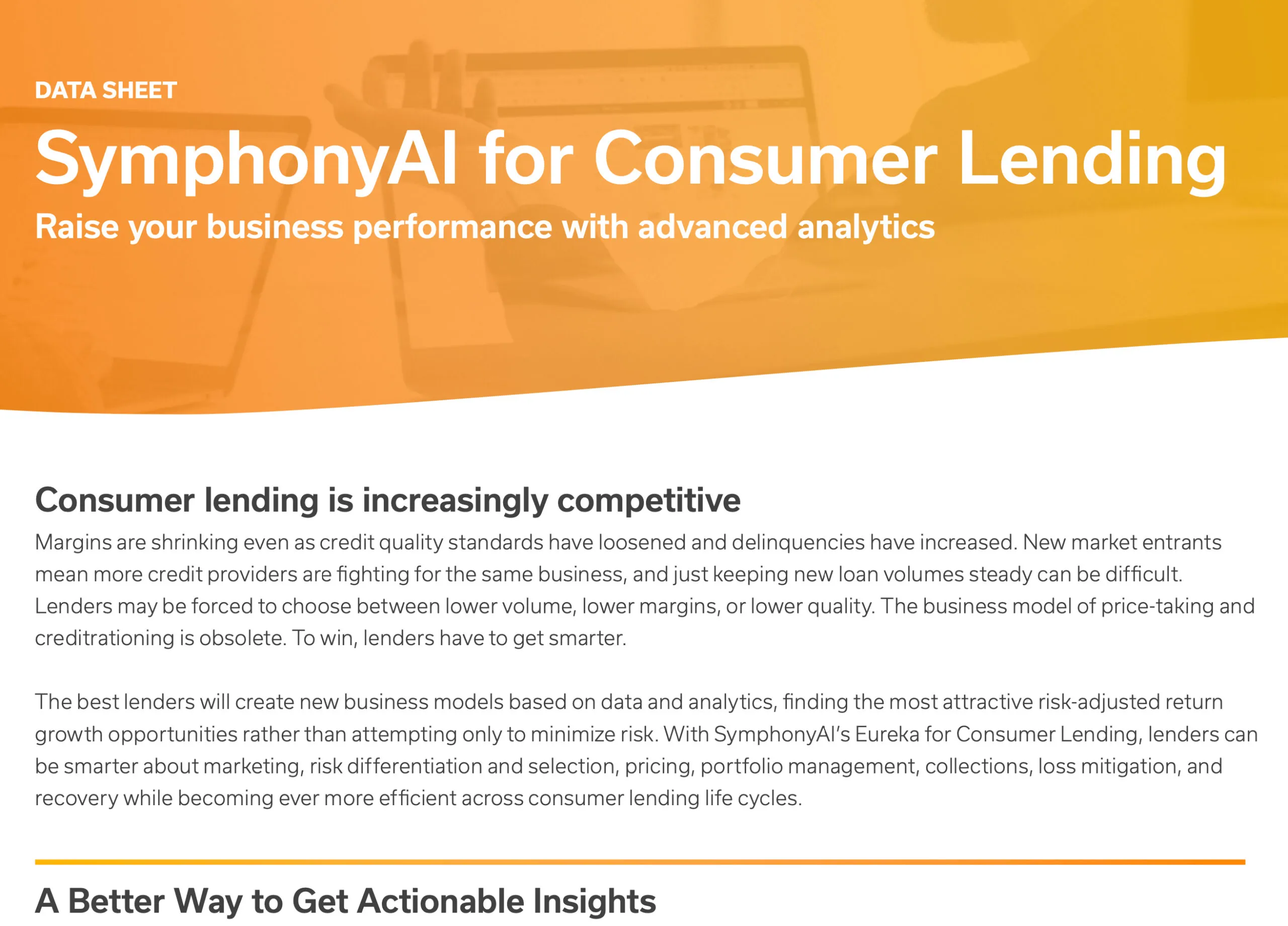Data sheet titled 'SymphonyAI for Consumer Lending' with the subtitle 'Raise your business performance with advanced analytics.' Text explains that consumer lending is increasingly competitive due to shrinking margins, looser credit standards, and more entrants, making it harder to maintain loan volumes. Lenders must choose between lower volume, margins, or quality, and the old model of price-taking and credit rationing is obsolete. The best lenders will use data and analytics-driven models to find attractive risk-adjusted growth opportunities while improving marketing, risk selection, pricing, portfolio management, collections, loss mitigation, and recovery.
