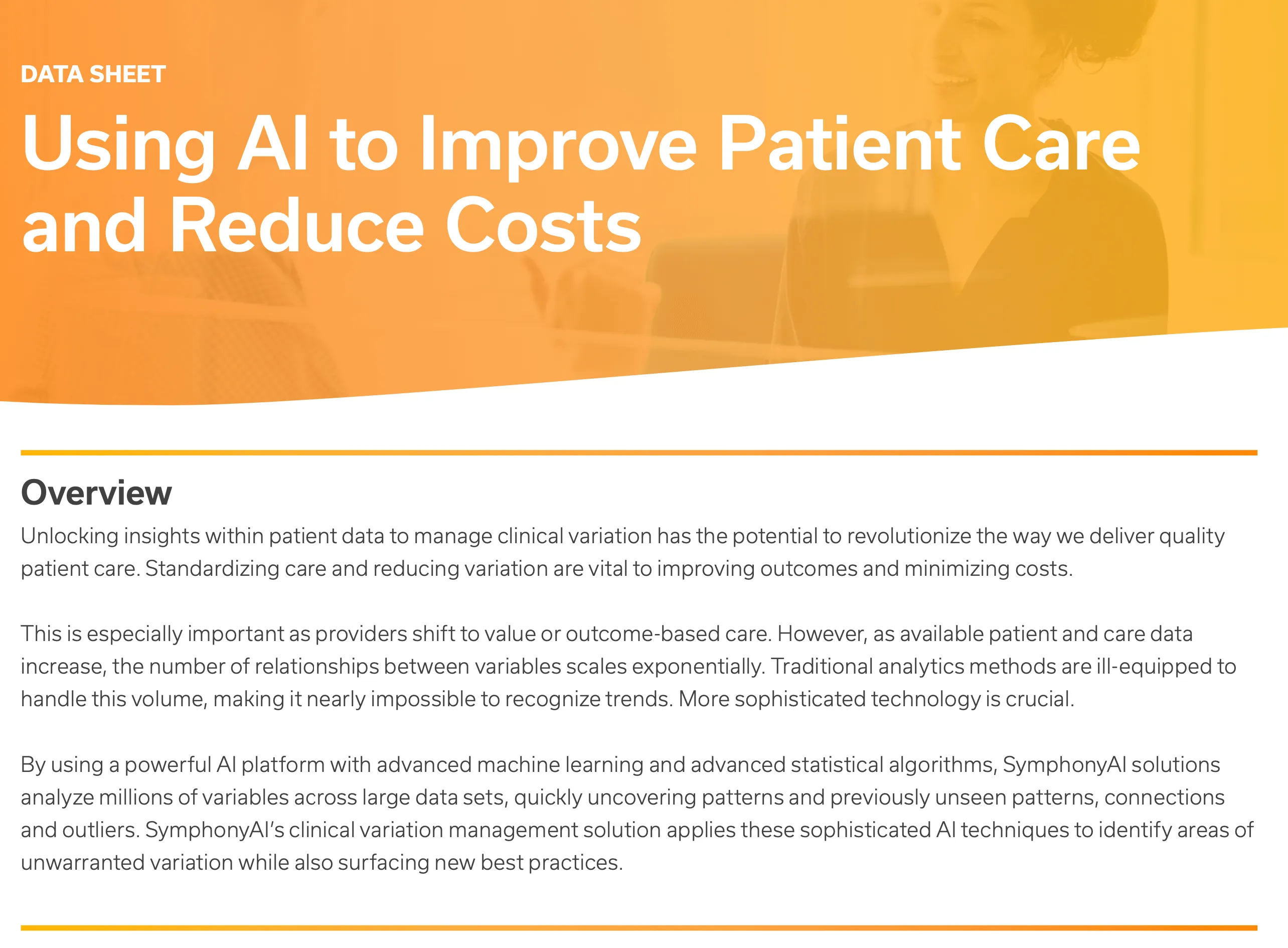 Title slide of a data sheet titled 'Using AI to Improve Patient Care and Reduce Costs' with an overview text explaining how AI and machine learning analyze large patient data sets to identify clinical variations and improve care while reducing costs.
