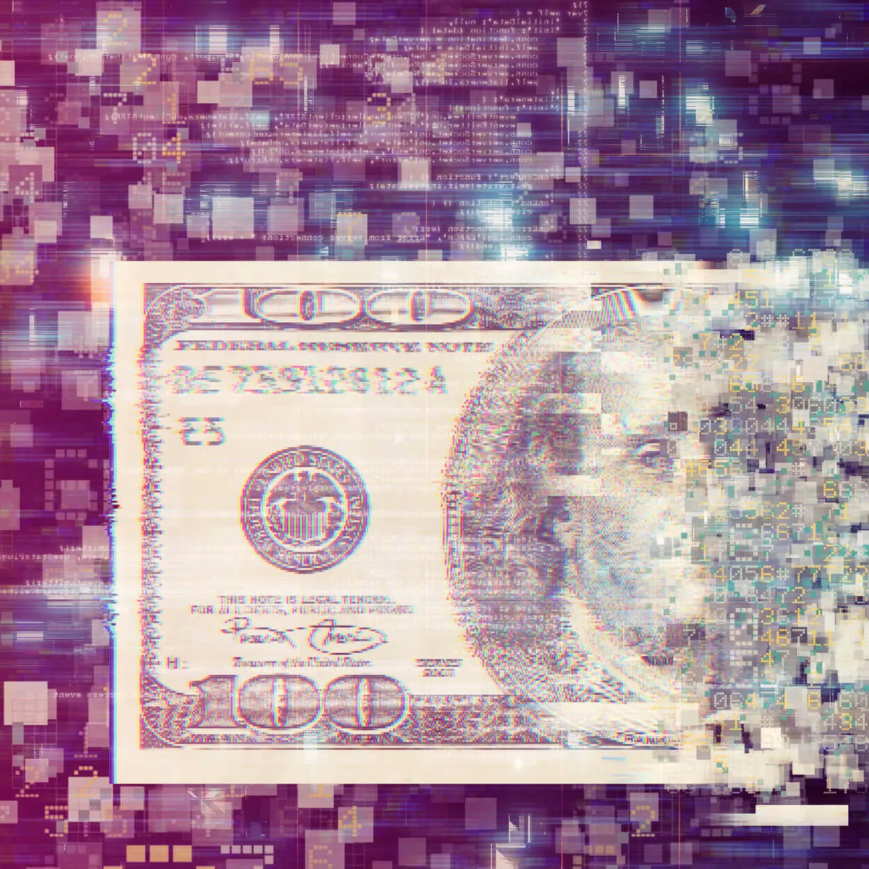 An image of a $100 bill partially pixelated and glitching with digital code and data fragments surrounding it, symbolizing digital finance or cybersecurity.