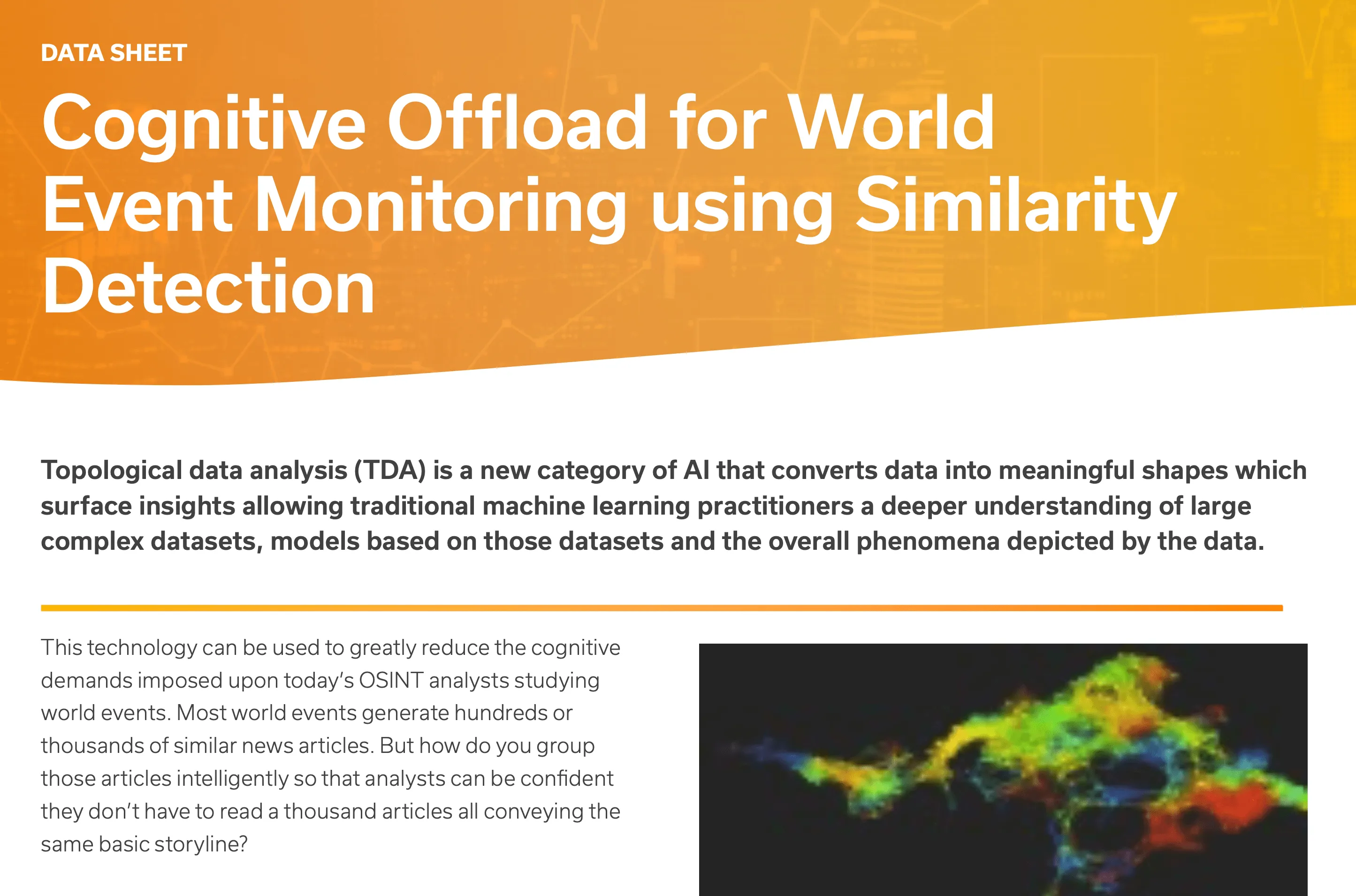Data sheet titled 'Cognitive Offload for World Event Monitoring using Similarity Detection' explaining topological data analysis (TDA) as an AI category that converts data into shapes for insights, aiding machine learning to understand large datasets and phenomena. The text describes how this technology helps reduce cognitive load for OSINT analysts by grouping similar news articles for efficient world event analysis. The right side shows a colorful abstract visualization of data patterns on a black background.